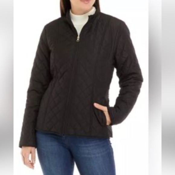 IZOD Women's Quilted Black Fleece Lined Full Zip Coat - Picture 2 of 7